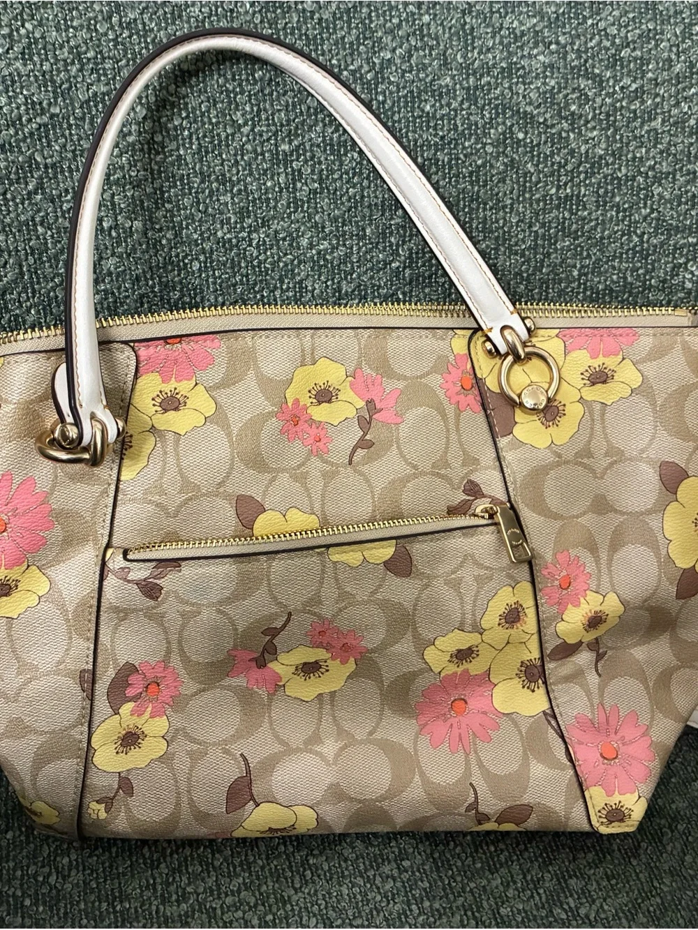 Coach Floral Signature Canvas Satchel - Beige with Yellow & Pink Flowers